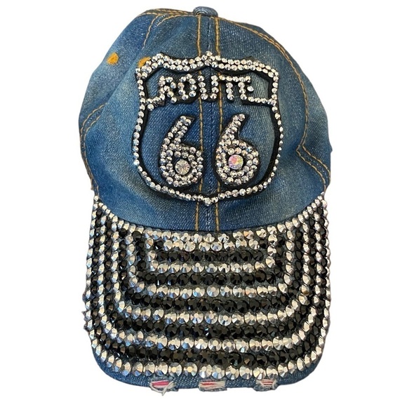 Y2k Jean route 66 crystal black bling cap hat Denim Diamonds biker Glam cowgirl - Picture 1 of 3